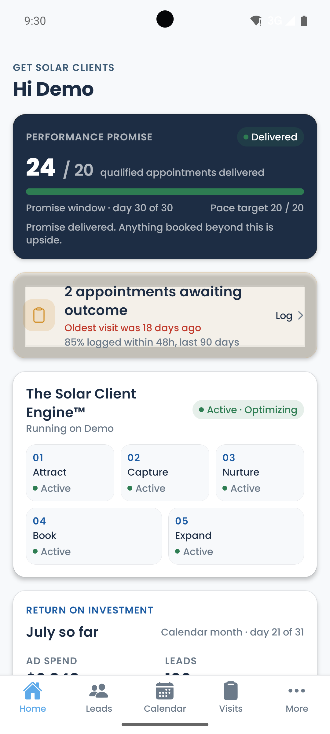 The Get Solar Clients app on Android, your performance promise and results on the home screen