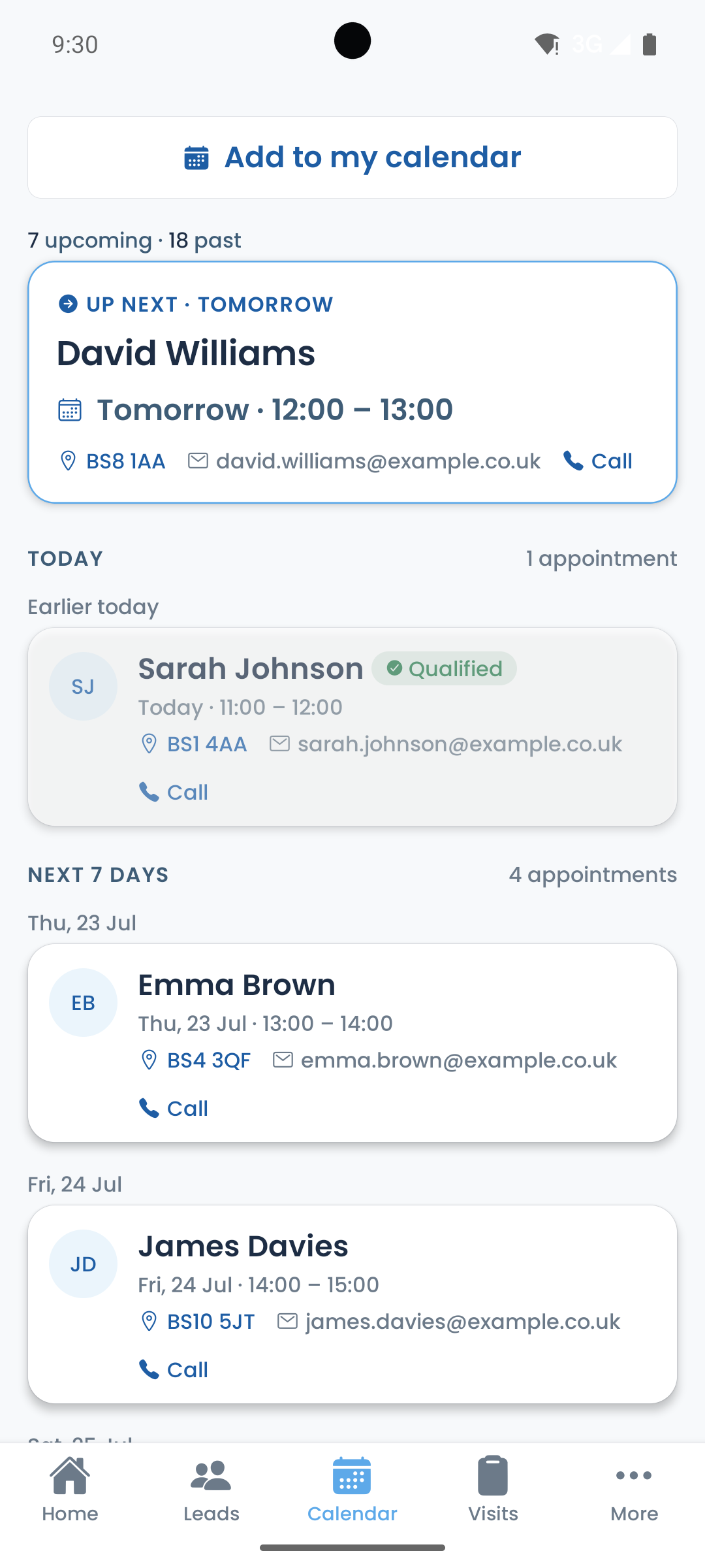 The Get Solar Clients app on Android, upcoming appointments in your calendar