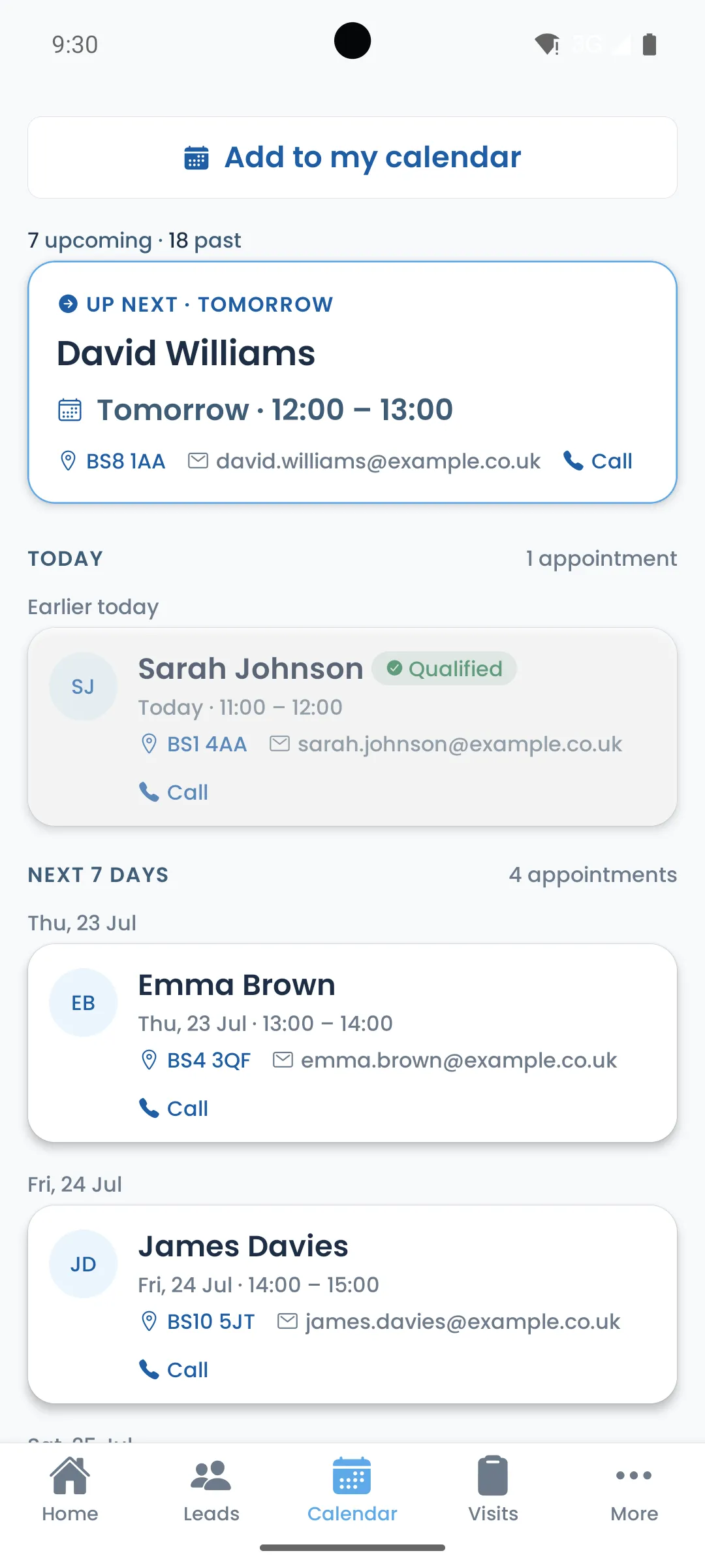 The Get Solar Clients app on Android, upcoming appointments in your calendar