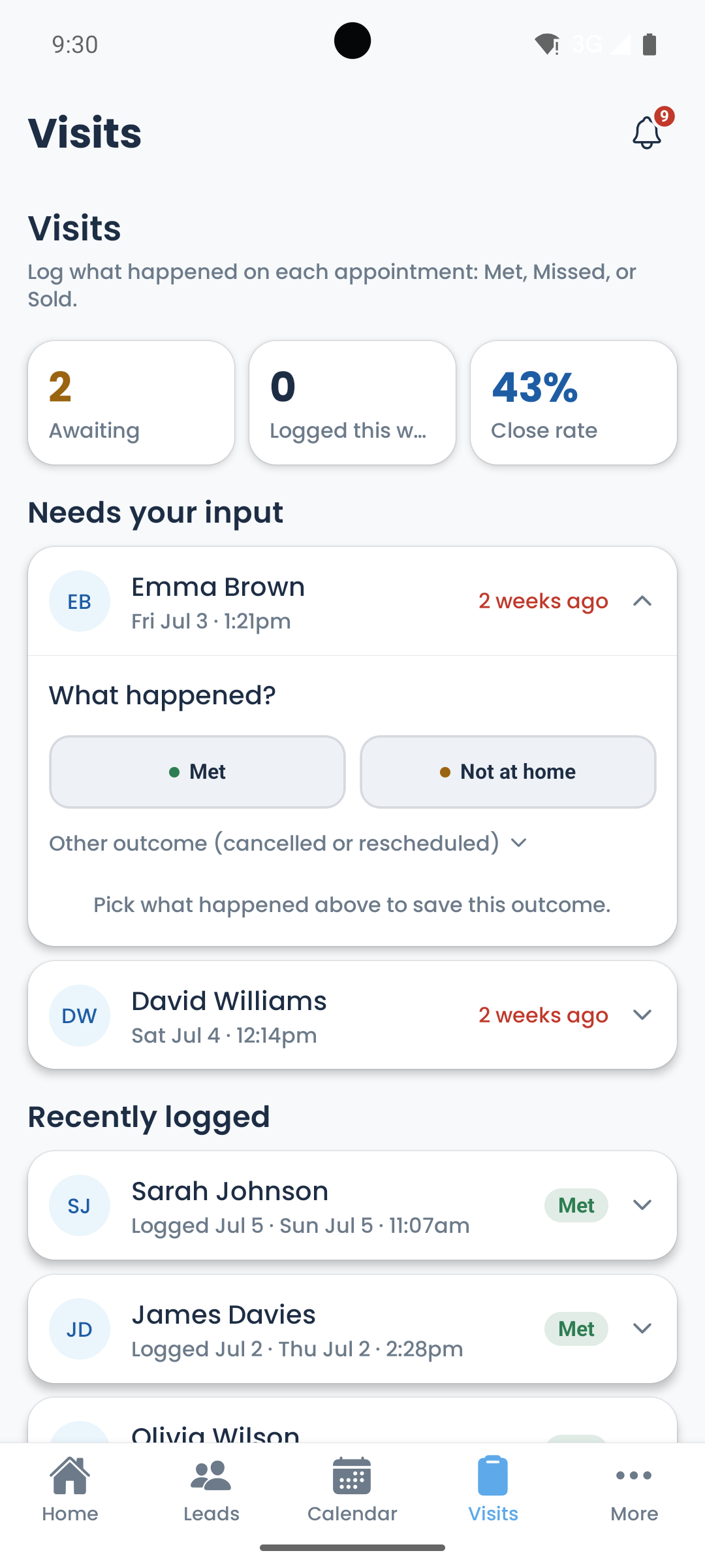 The Get Solar Clients app on Android, logging what happened on each visit