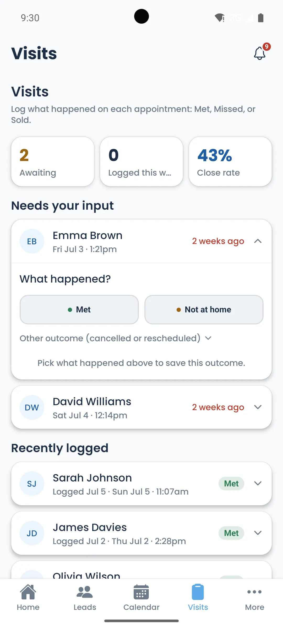 The Get Solar Clients app on Android, logging what happened on each visit