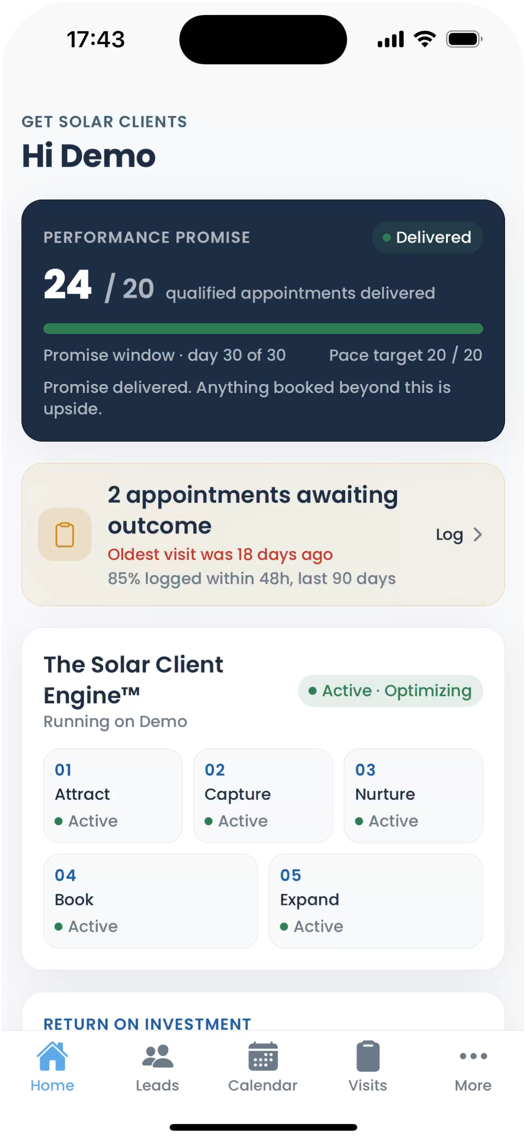 The Get Solar Clients app on iPhone, your performance promise and results on the home screen
