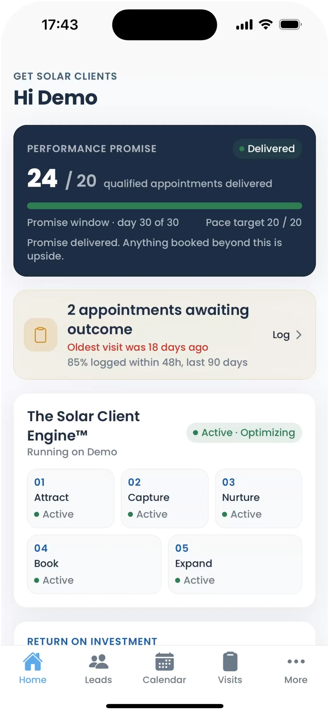 The Get Solar Clients app on iPhone, your performance promise and results on the home screen