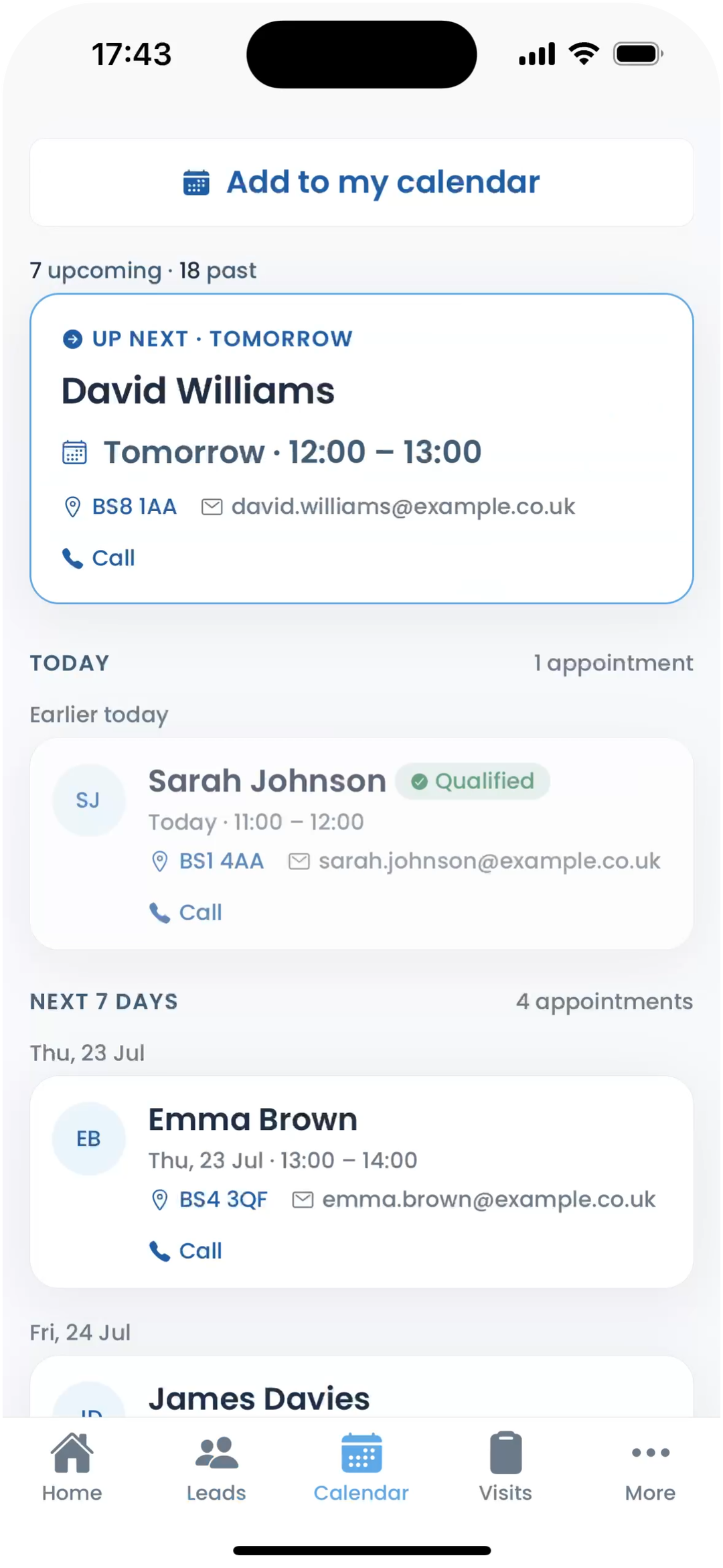 The Get Solar Clients app on iPhone, upcoming appointments in your calendar