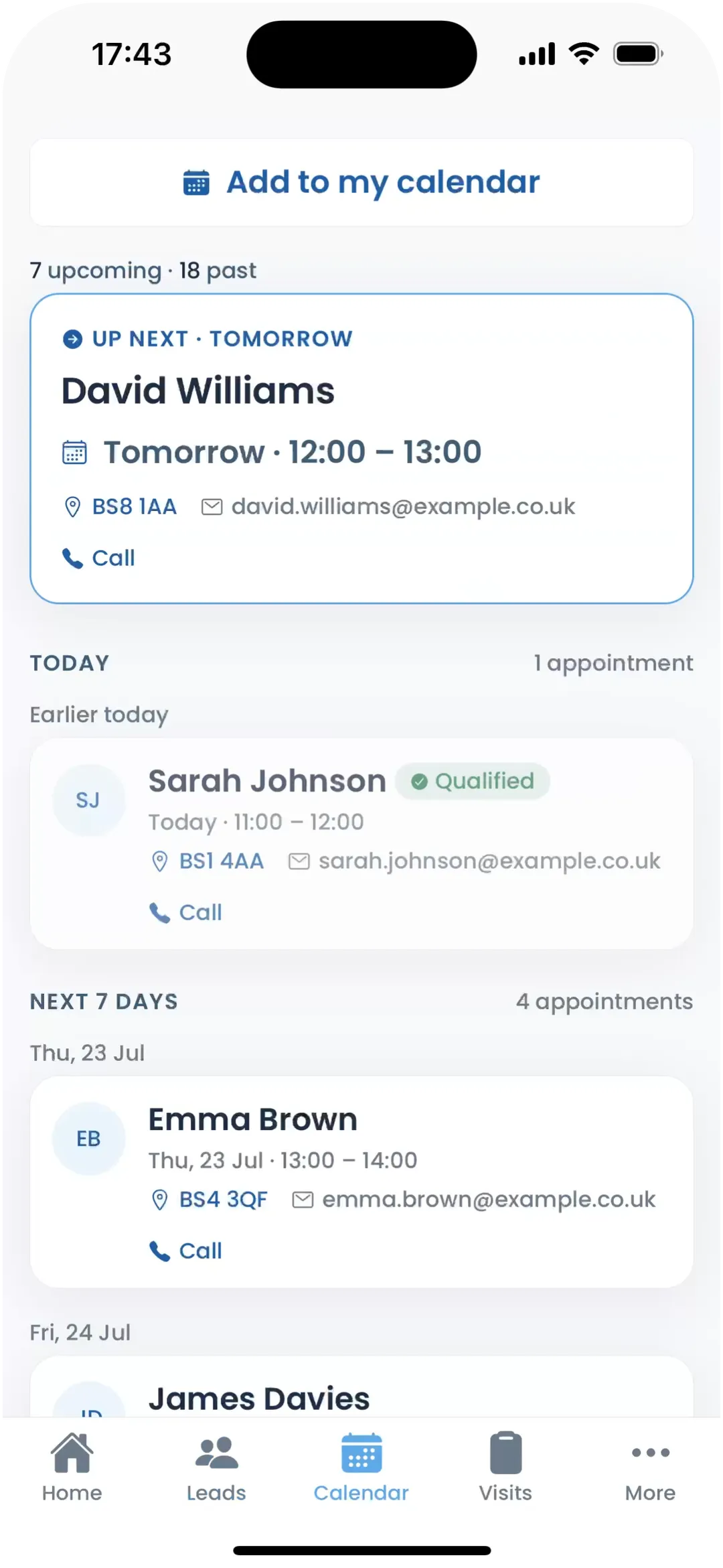 The Get Solar Clients app on iPhone, upcoming appointments in your calendar