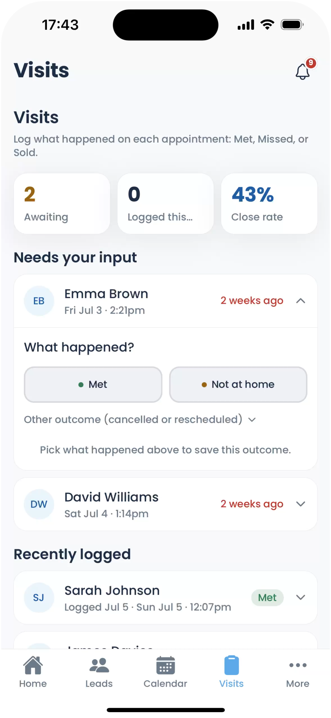 The Get Solar Clients app on iPhone, logging what happened on each visit