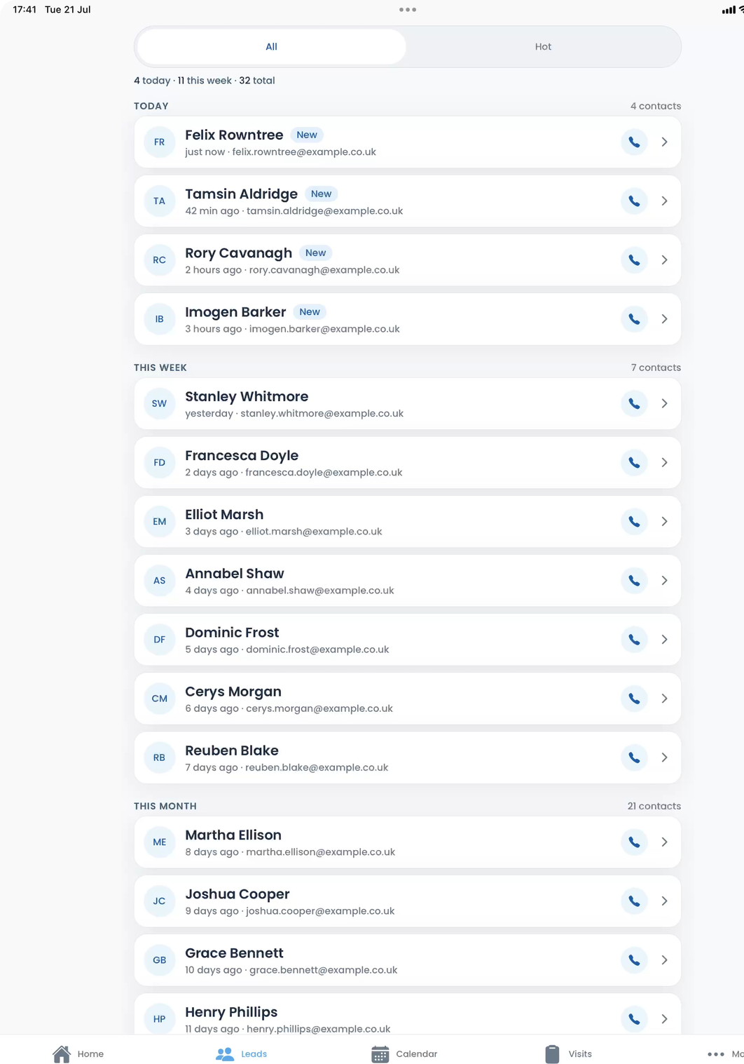 The Get Solar Clients app on iPad, your leads with one tap to call