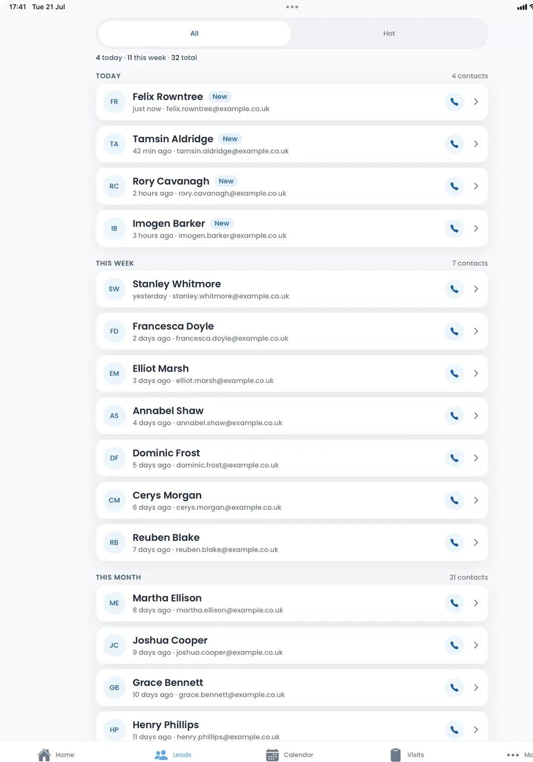 The Get Solar Clients app on iPad, your leads with one tap to call