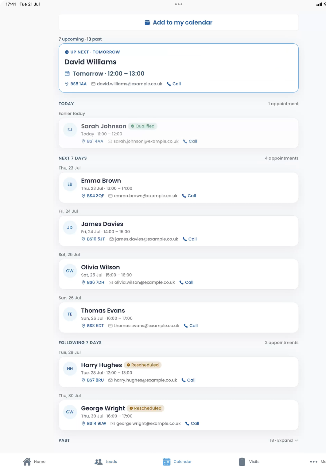 The Get Solar Clients app on iPad, upcoming appointments in your calendar