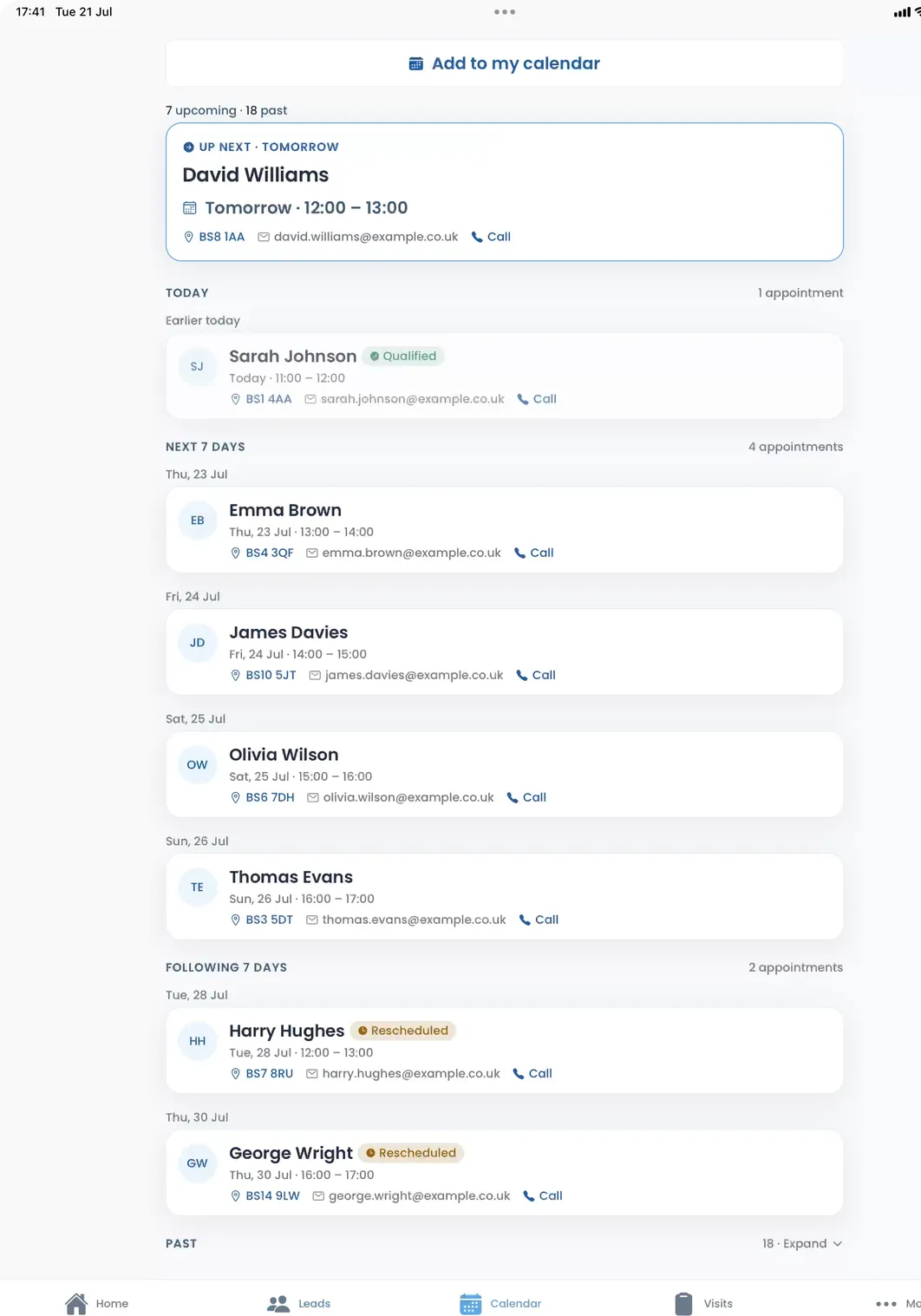 The Get Solar Clients app on iPad, upcoming appointments in your calendar