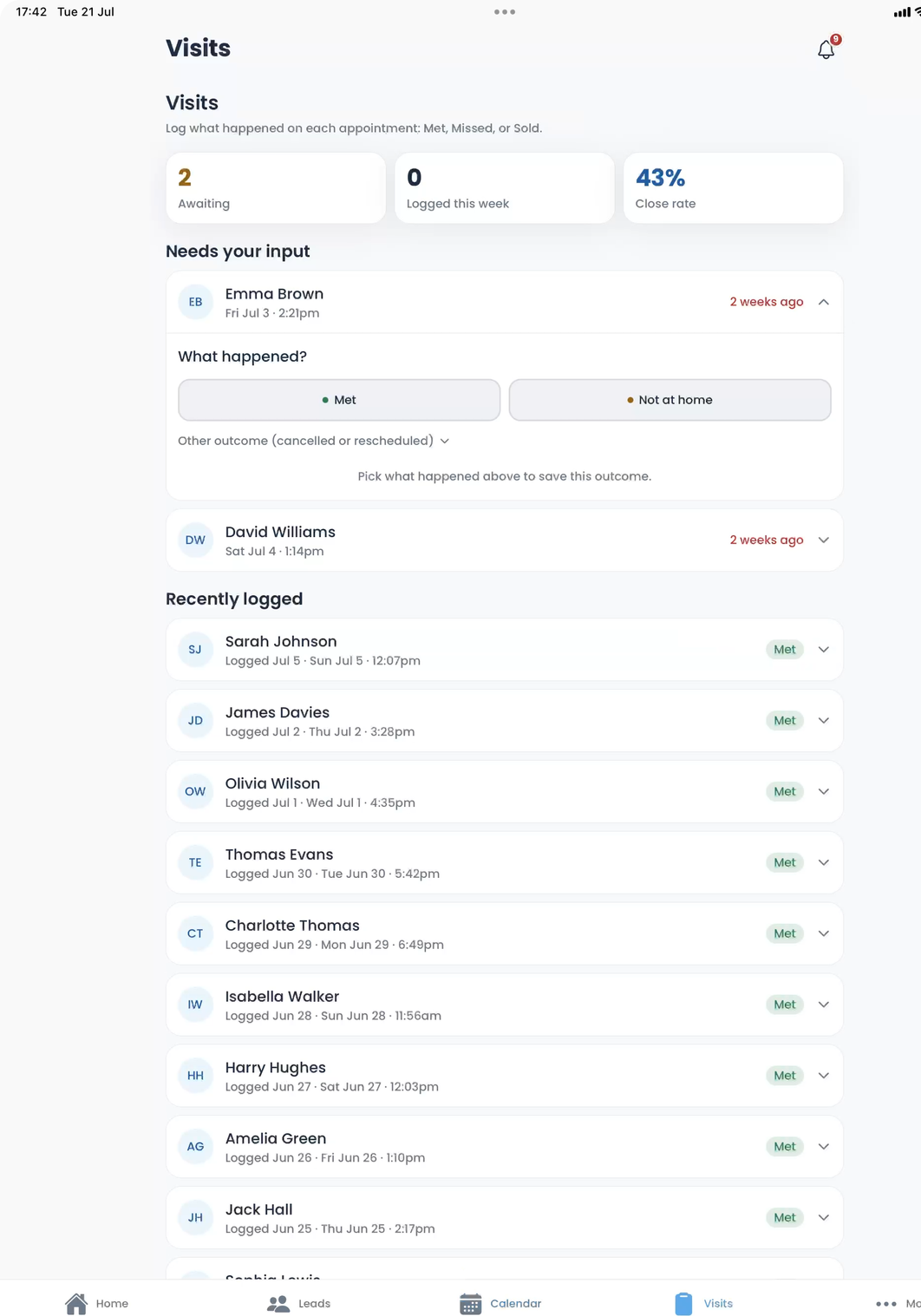 The Get Solar Clients app on iPad, logging what happened on each visit