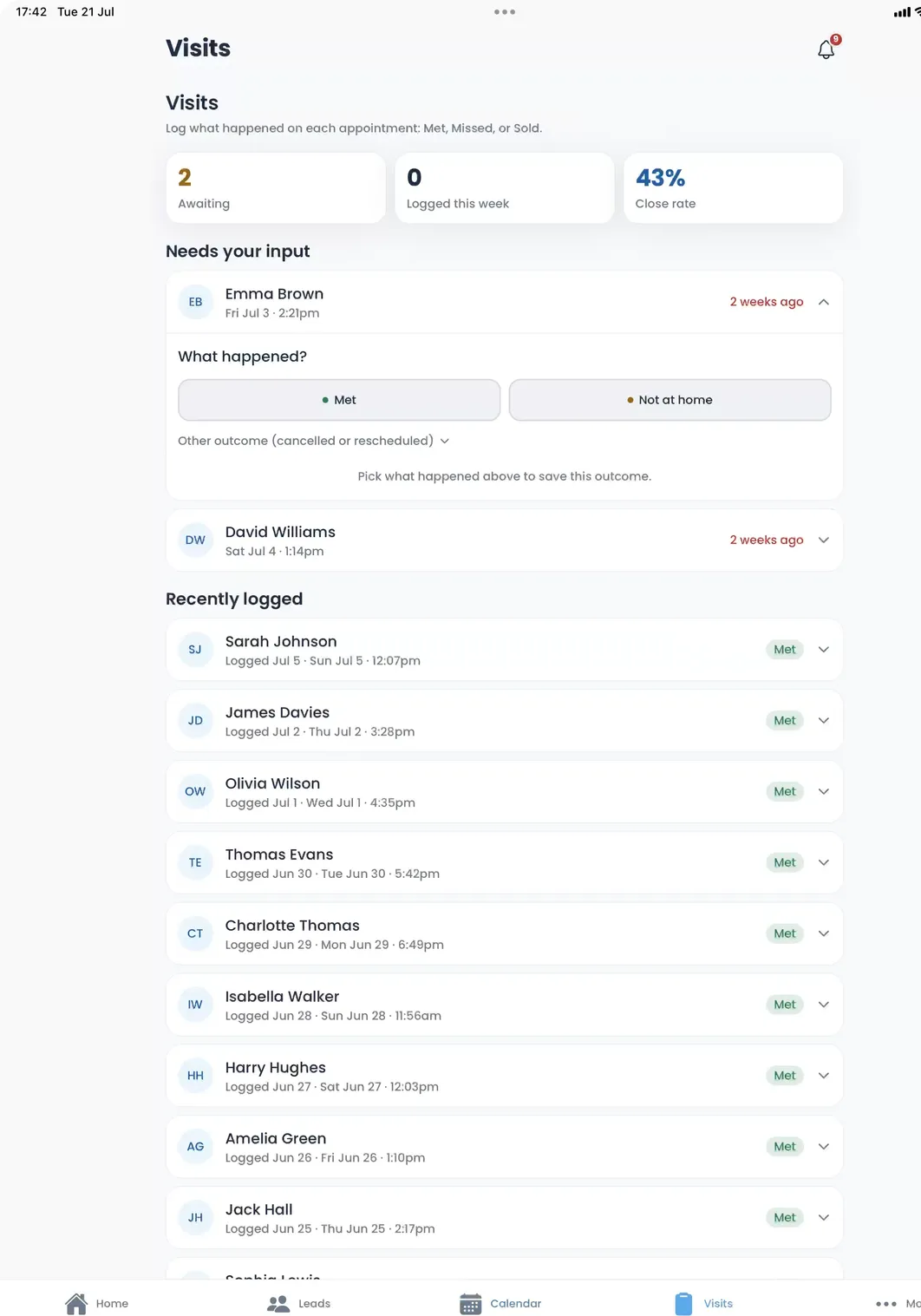 The Get Solar Clients app on iPad, logging what happened on each visit