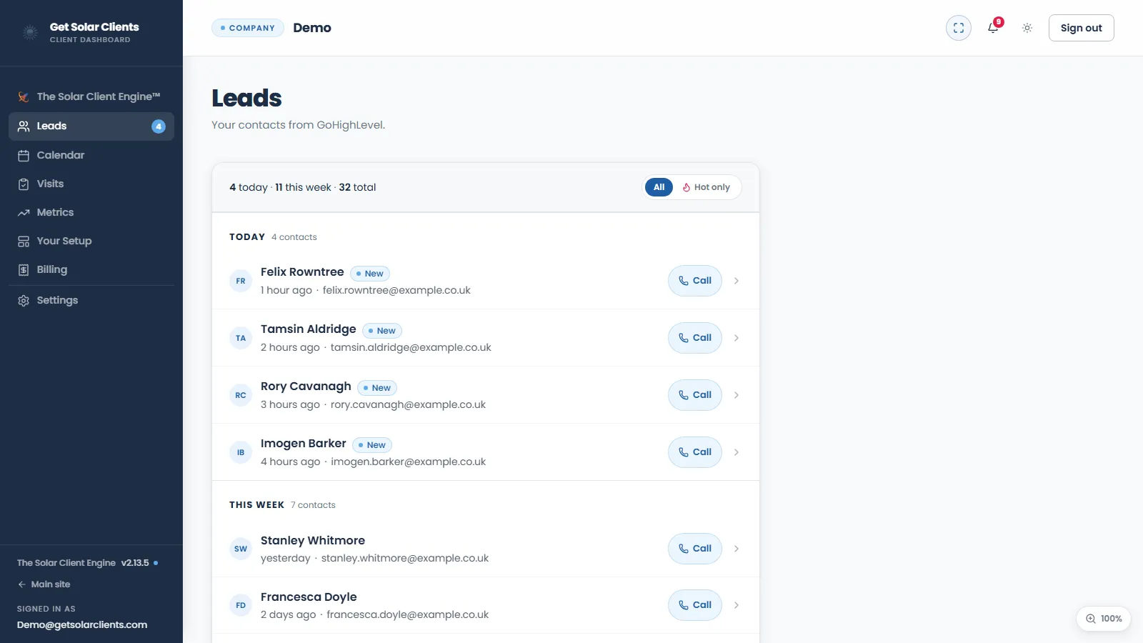 The Get Solar Clients portal app on Windows, tracking leads and appointments