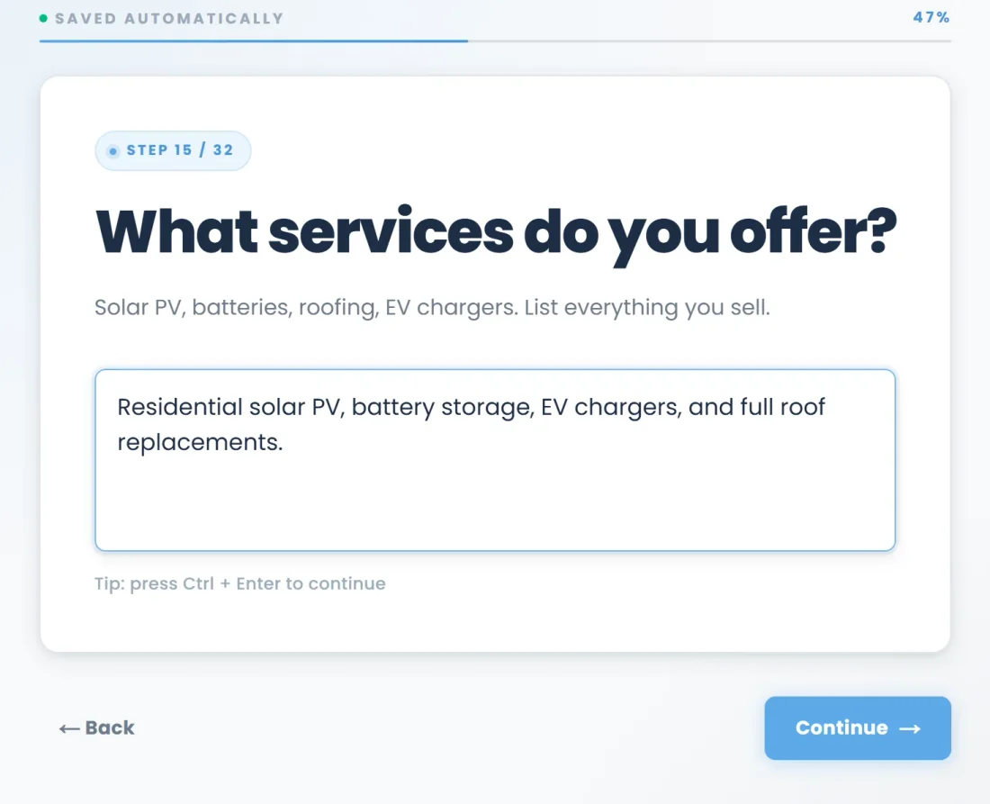 The Get Solar Clients onboarding form, where a client's answers shape their funnel