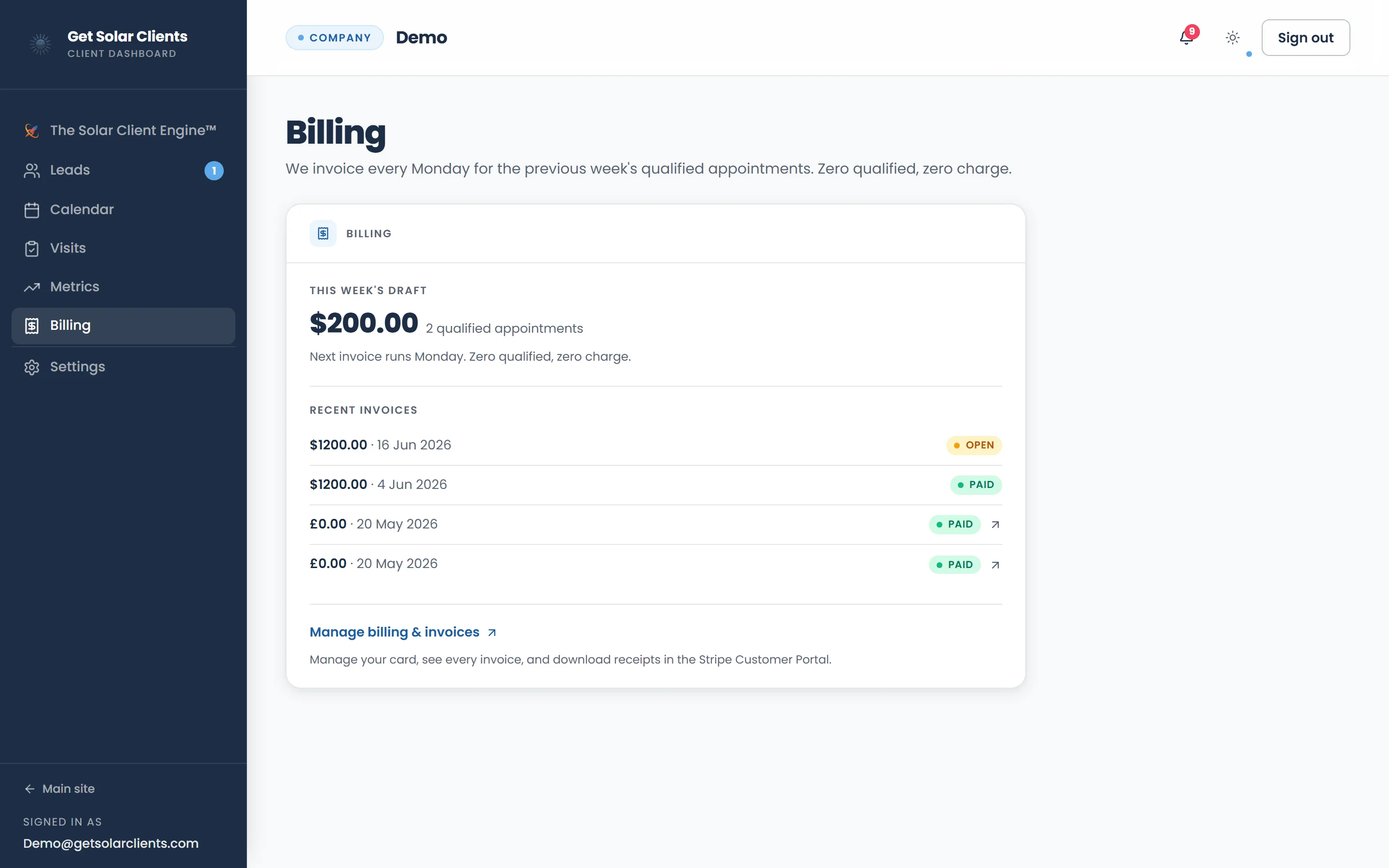 Billing view in the client portal showing invoices tied to booked appointments