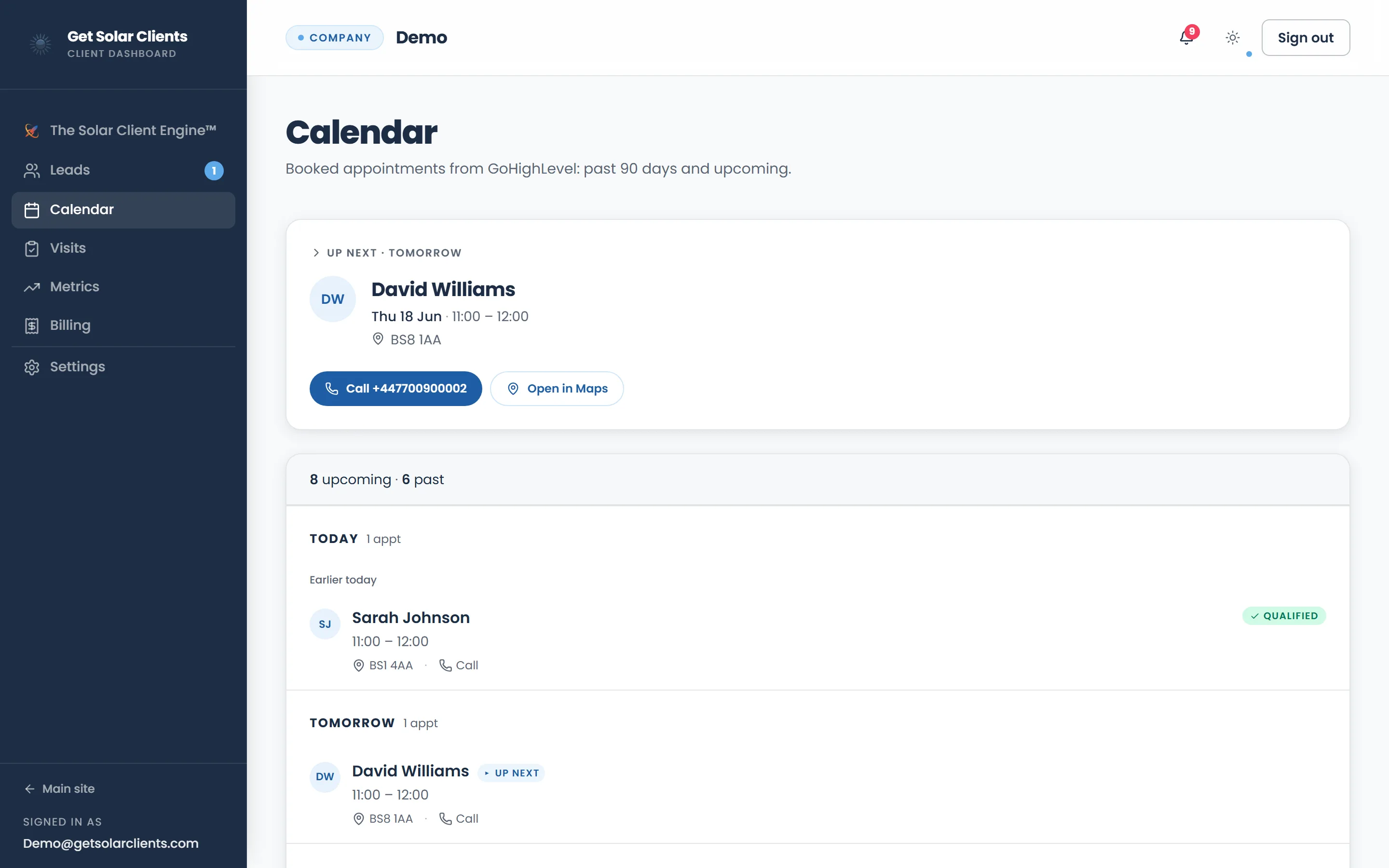 Calendar of confirmed homeowner appointments in the client portal