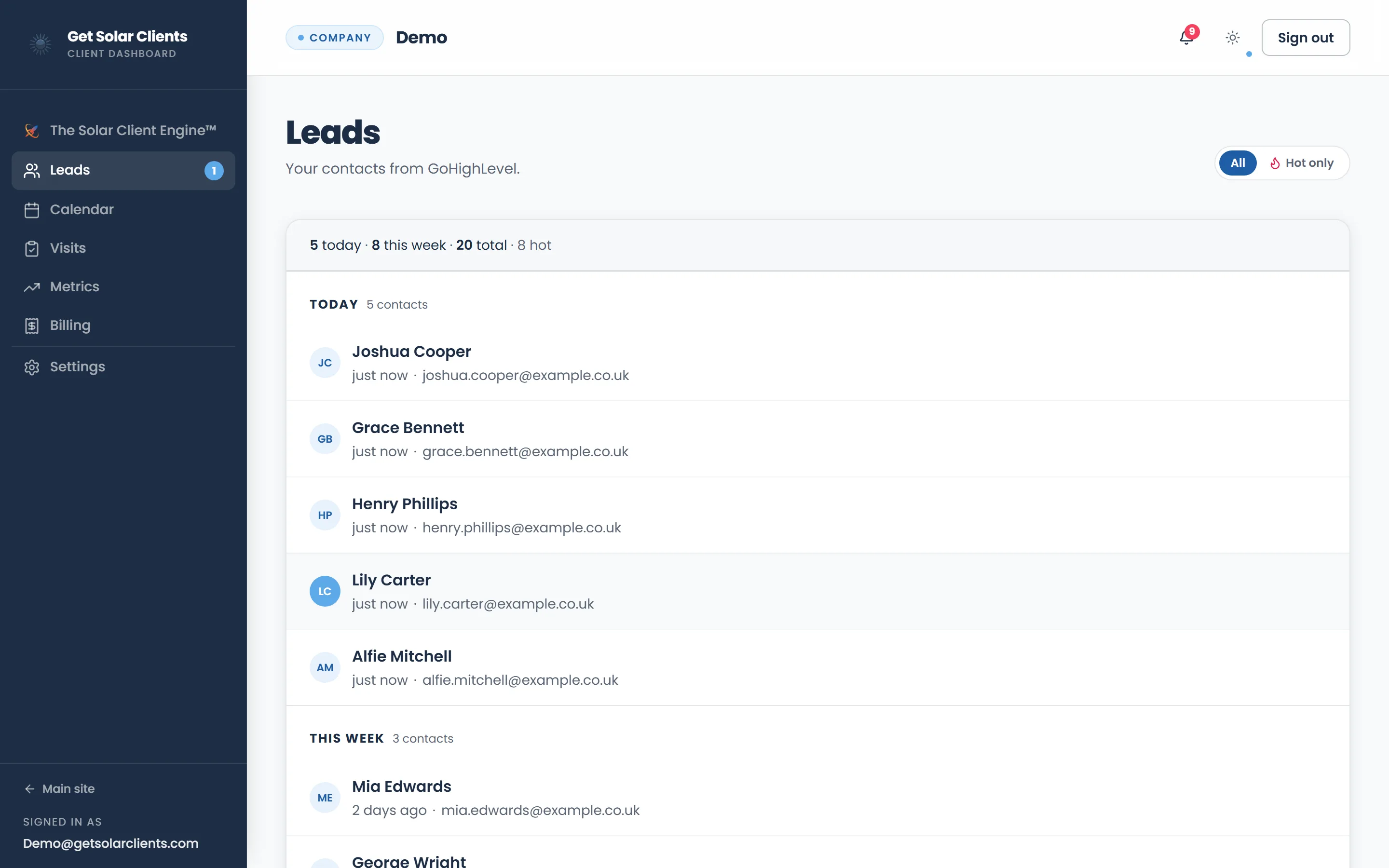 Leads list in the client portal showing every captured and qualified homeowner