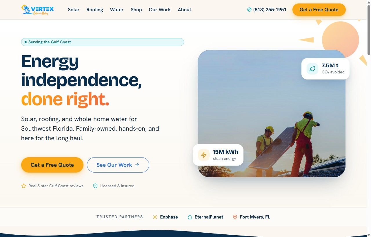 Vertex Solar and Roofing website